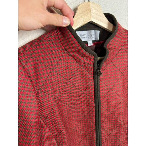 Worth Women's Blazer Jacket Size 4 Wool Houndstooth Quilted Red Career Full Zip - Picture 10 of 12